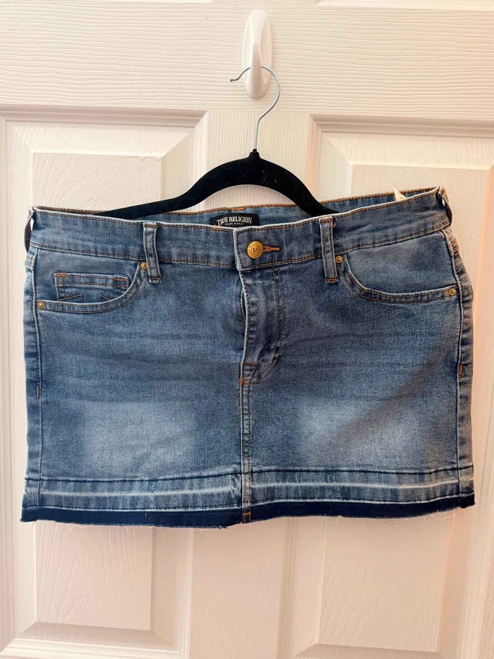 True Religion Faded Blue Denim Mini Skirt with Contrast Hem